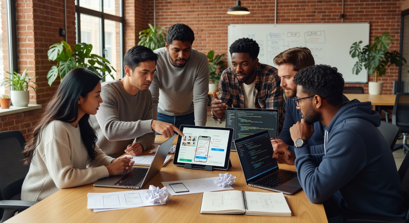 Design team collaborating on mobile UX